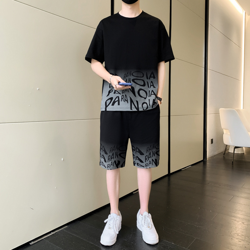 啄木鸟冰丝套装男士夏季薄款运动短袖t恤一套搭配五分休闲短裤男高清大图