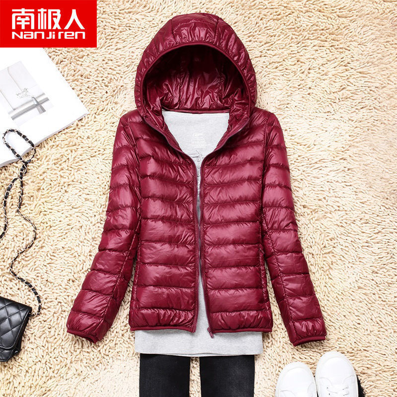 反季清仓轻薄棉服女士短款连帽立领秋冬修身大码学生外套 酒红【连帽】 M建议100斤左右