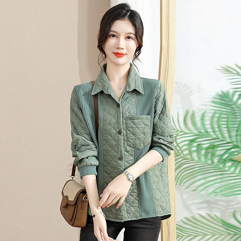 中年女士春秋装菱形加厚洋气衬衫外套妈妈小个子韩版拼接时尚上衣