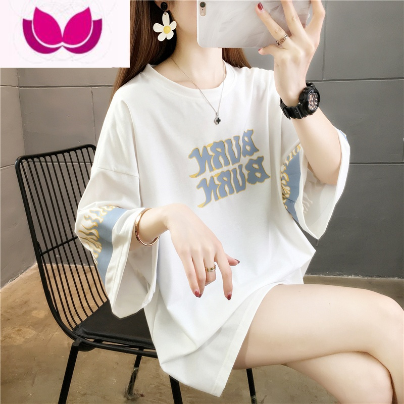 七斓中袖上衣女夏设计感宽松体恤衫半袖百搭美式学生七分袖t恤小众ins