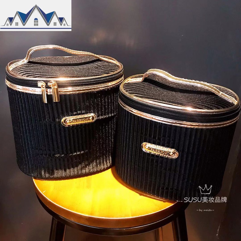化妆箱手提大容量ins风绒布条纹化妆包 网红金边便携品2019收纳盒 三维工匠收纳包高清大图