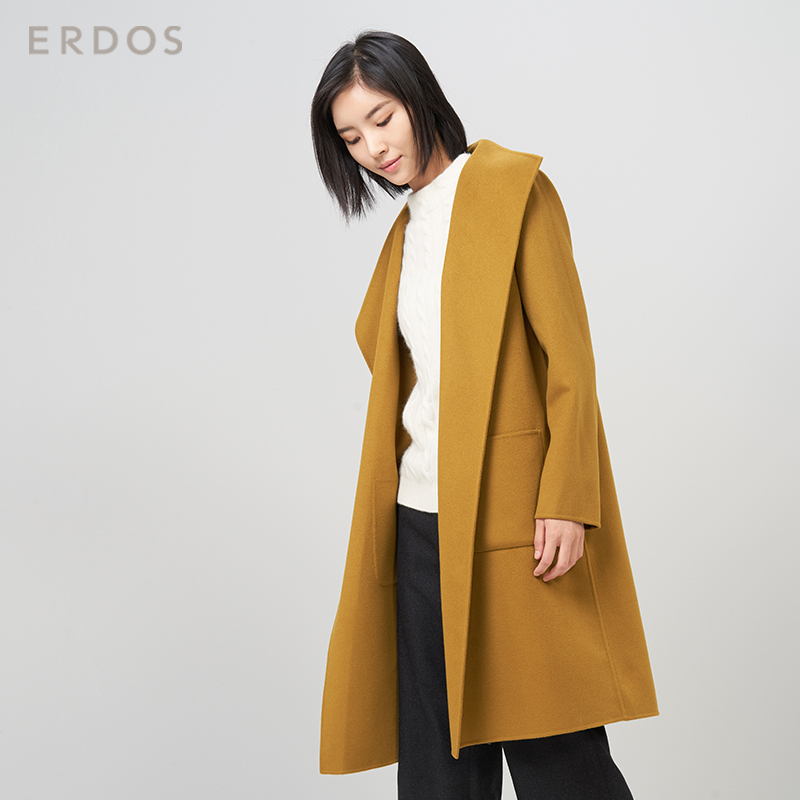 鄂尔多斯ERDOS 秋冬绒毛混纺简约百搭中长款女士大衣毛呢外套