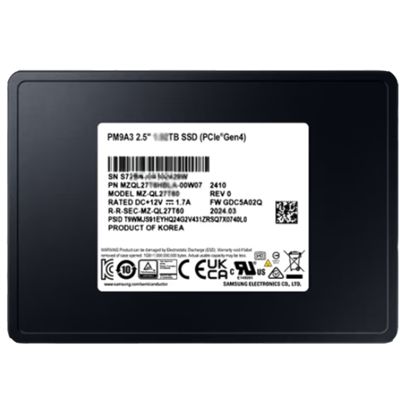 三星(SAMSUNG)PM9A3 1.92TB 企业级SSD 固态硬盘 U.2接口(NVMe协议PCIe 4.0x4)
