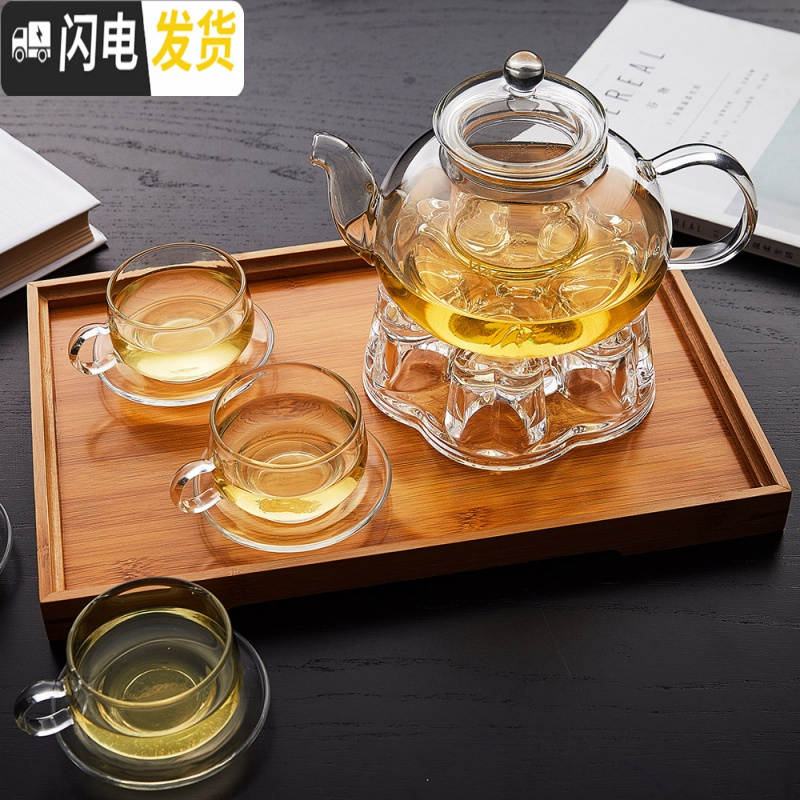 三维工匠大容量耐热玻璃茶具套装组杯 泡花茶壶加热透明花茶具整套加厚 800壶+1心座+6双层杯