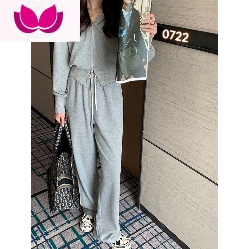 七斓本希benxe 灰色慵懒风运动套装女春季连帽卫衣休闲阔腿裤套图片