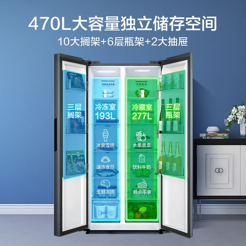 美的 470升变频一级能效对开冰箱双开门家用小家智能家电风冷无霜BCD-470WKPZM(E)超薄机身 Z