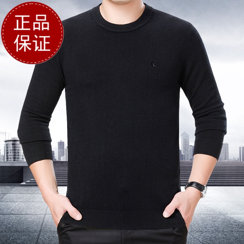 品牌山羊绒 免费试穿春秋季新款羊绒衫圆领男士毛衣羊绒衫男薄款纯色套头100%纯羊羊毛衫品牌专卖店胸前绣花 黑色 175/88A