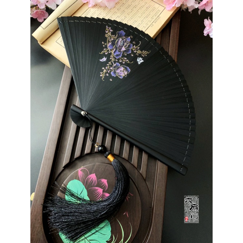 中国风古风和风折扇子小日式全竹工艺扇 纯色红迷你男女妖杨同款 三维工匠 芙蓉黑色18CM+大珠黑配金高清大图