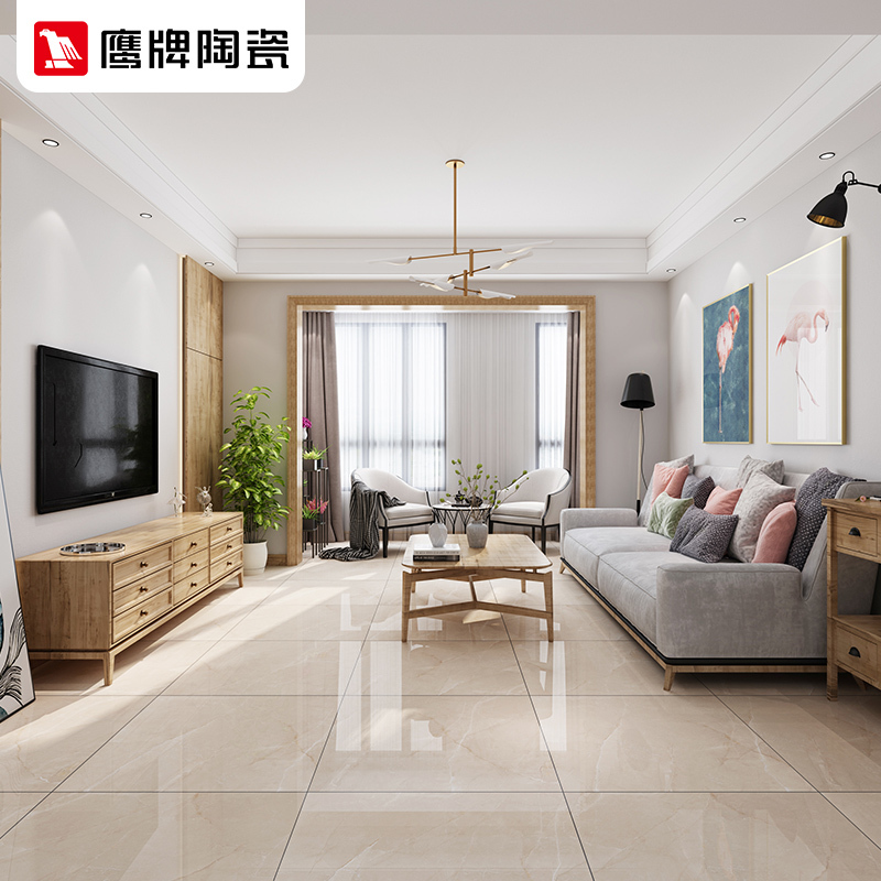 鹰牌陶瓷全抛釉地砖客厅瓷砖背景墙釉面砖800800千叶米黄视频