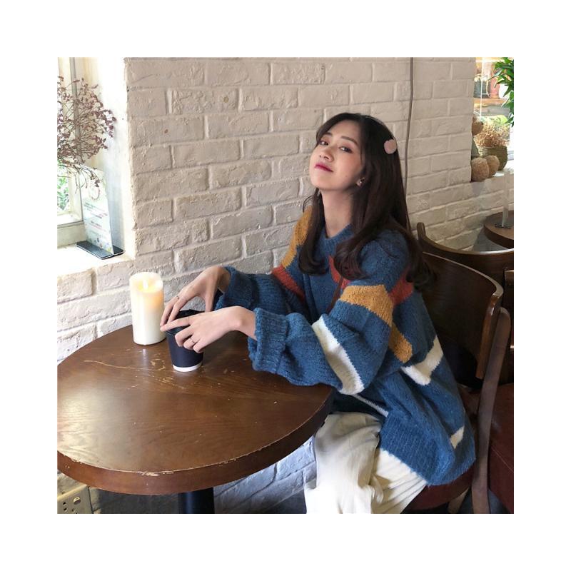 秋冬新款原宿风韩版拼接条纹中长款套头毛衣女学生宽松针织衫外套