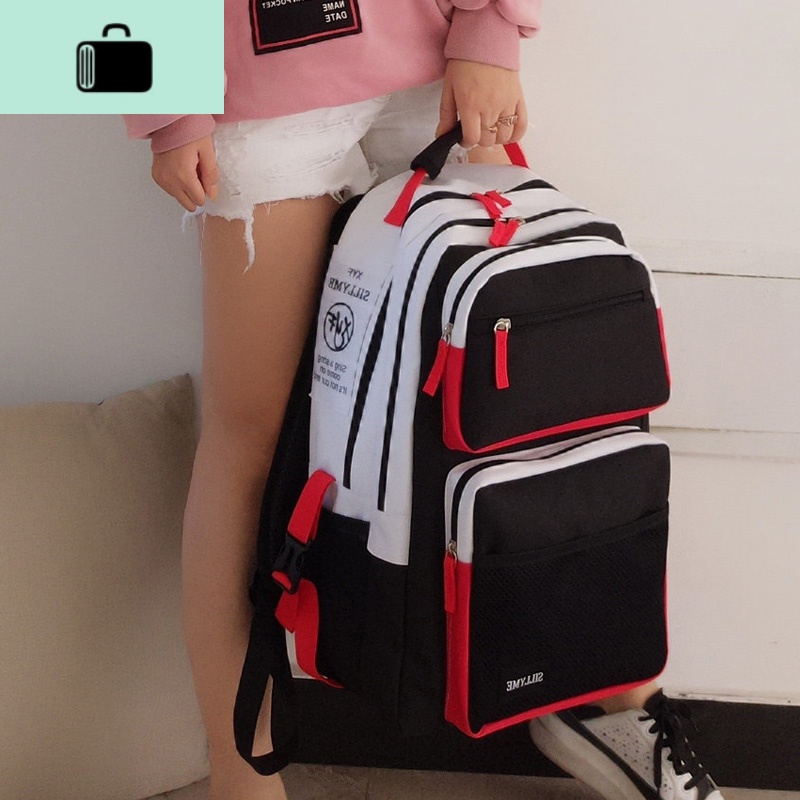 书包韩版原宿ulzzang女大学生高中学生初中生ins风百搭超火双肩包NEW LAKE 黑配白