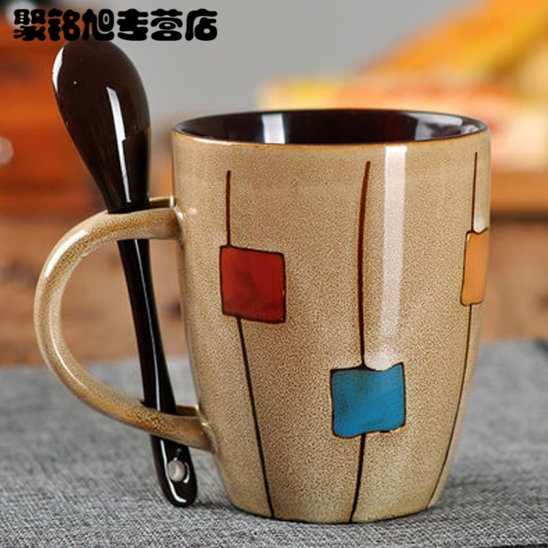 家居器皿生活日用家庭陶瓷杯子创意鼓型陶瓷杯带盖勺牛奶杯咖啡杯家用马克杯水杯子时尚创意生活日用水具水杯