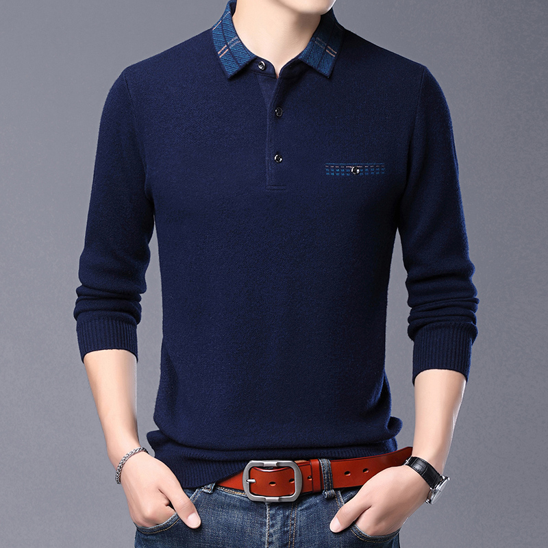 免费试穿 牧绒多斯加厚山羊绒长袖T恤宽松休闲纯色polo羊绒衫中年男士冬装羊毛上衣品牌T恤男商务休闲大码毛线衣正品 12092上青加厚 175/92A