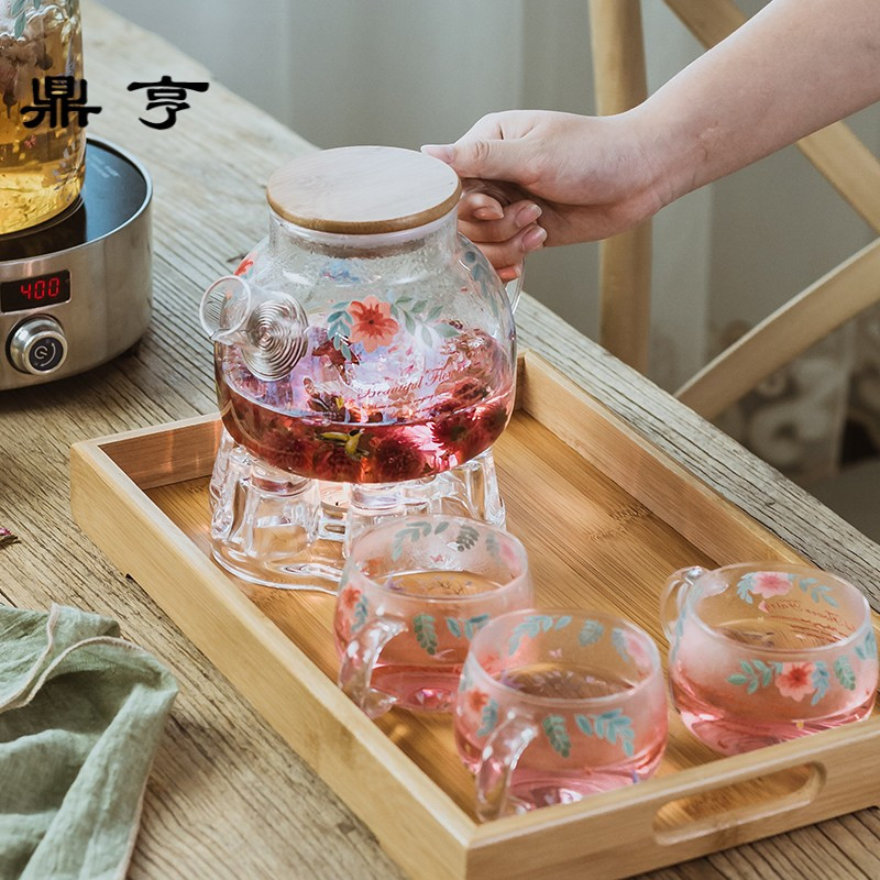 鼎亨耐热玻璃花茶茶具加厚花茶壶花茶杯套装家用蜡烛电陶炉加热煮