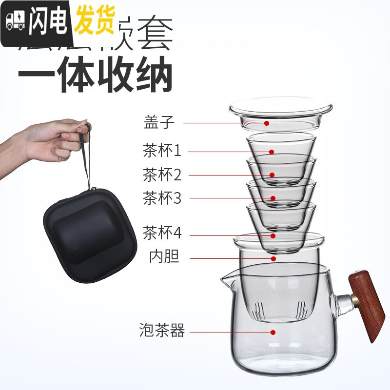 三维工匠玻璃旅行茶具套装便携式包小套茶杯旅游茶具盒功夫一壶二快客杯 诗逸壶+2杯