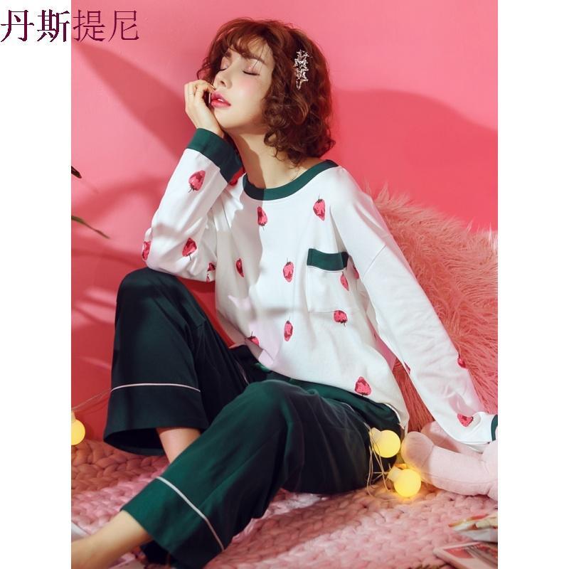 莓睡衣女春秋两件套长袖纯棉薄款韩版清新宽松家居服套装可外穿