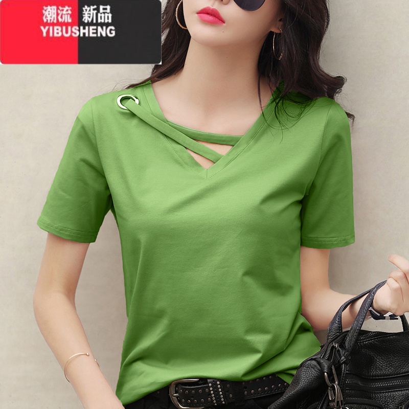 YIBUSHENG黑色短袖t恤女士2024新款宽松正肩显瘦v领设计感大码上衣镂空 绿色 XL