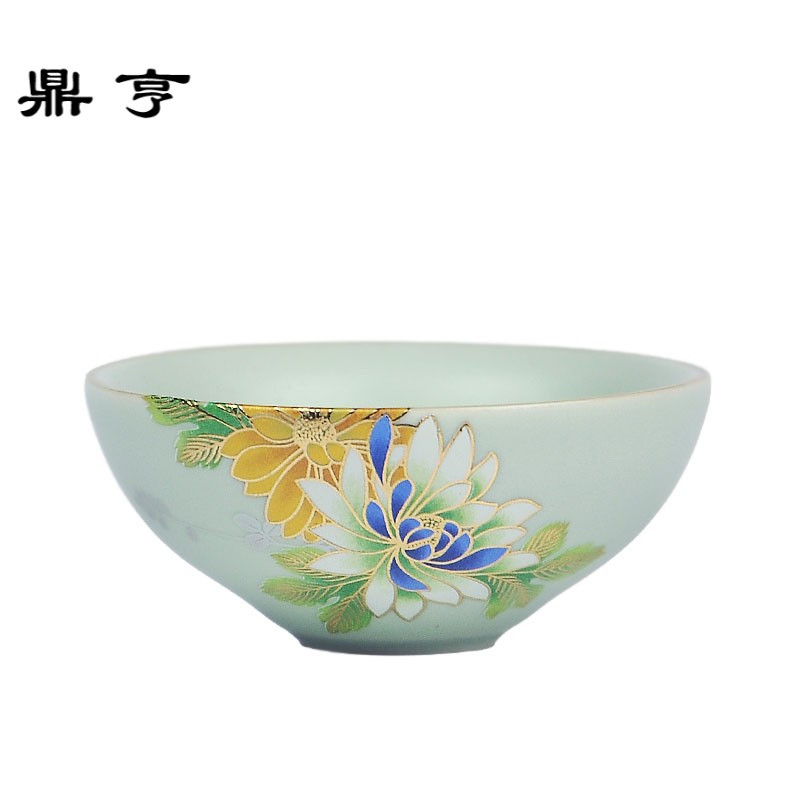 鼎亨清雅凝香天青汝窑开片浅浮金边花茶杯品茗杯主人杯陶瓷功夫