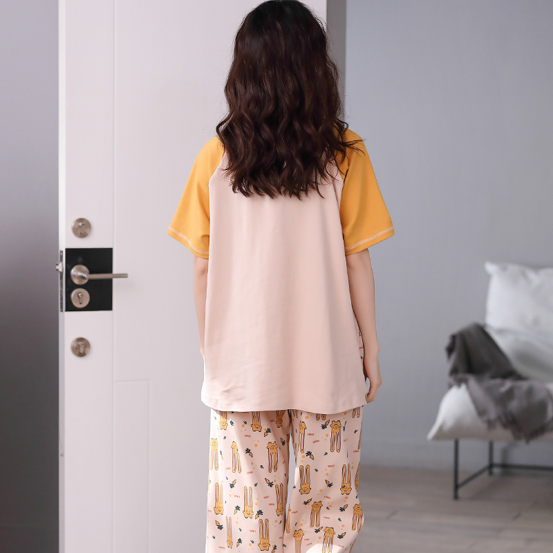 浪莎新款纯棉夏季睡衣女高裆短袖七分裤韩版休闲宽松家居服可外穿