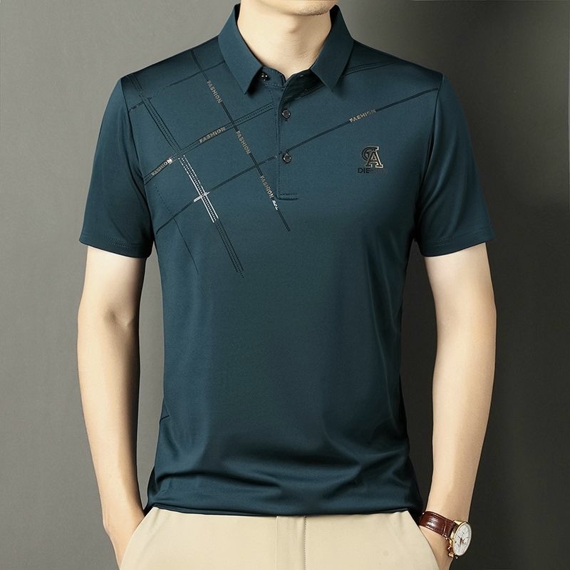 polo衫男冰丝短袖商务休闲翻领t恤衫中年男士薄款爸爸装夏季男装 墨绿 XL
