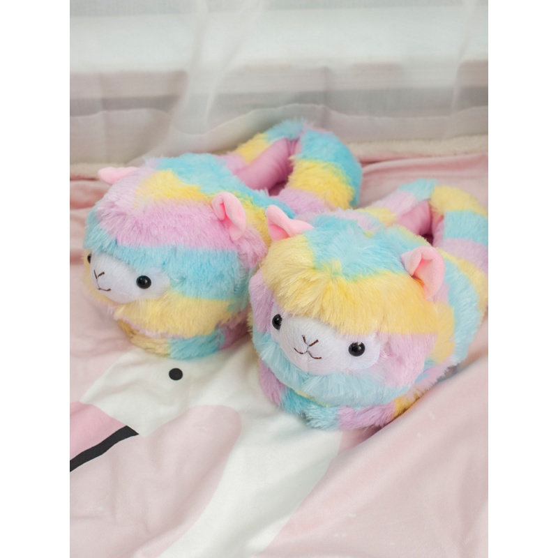 ins红彩虹羊驼拖鞋大头拖鞋女冬卡通毛绒拖鞋女冬卡通毛毛拖鞋彩虹羊