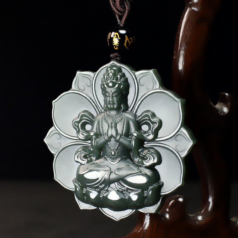 和田玉莲花观音吊坠青玉细料男士玉观音玉坠玉石玉挂件玉牌带证书