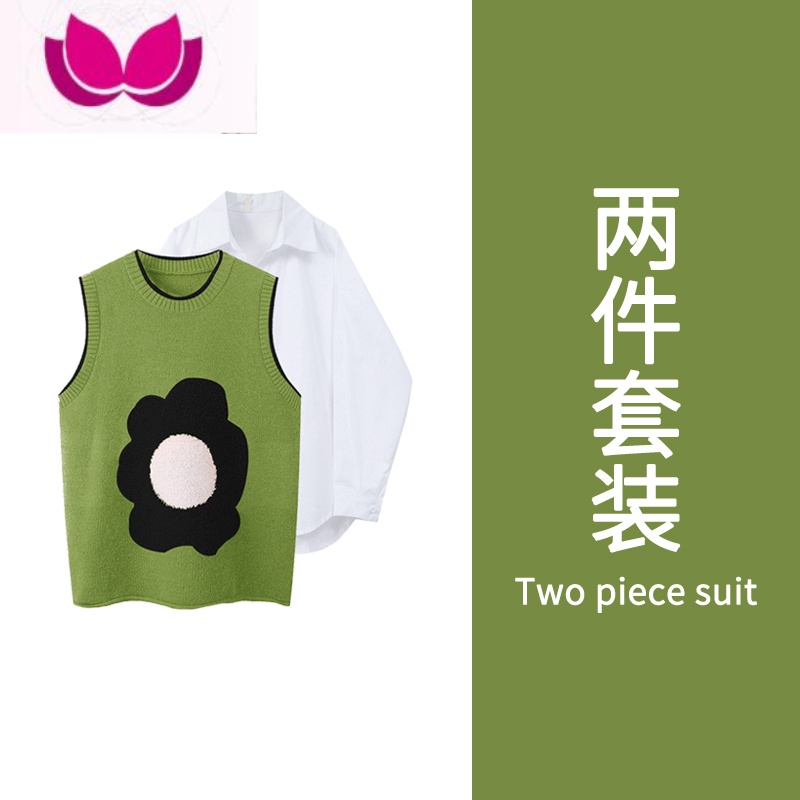 七斓早春装微胖mm显瘦遮肉盐系轻熟奶系茶系穿搭一整套连衣裙子套装女 绿色马甲+白色衬衫春装一整套显瘦/成套搭配减龄/大码/春装春 2XL