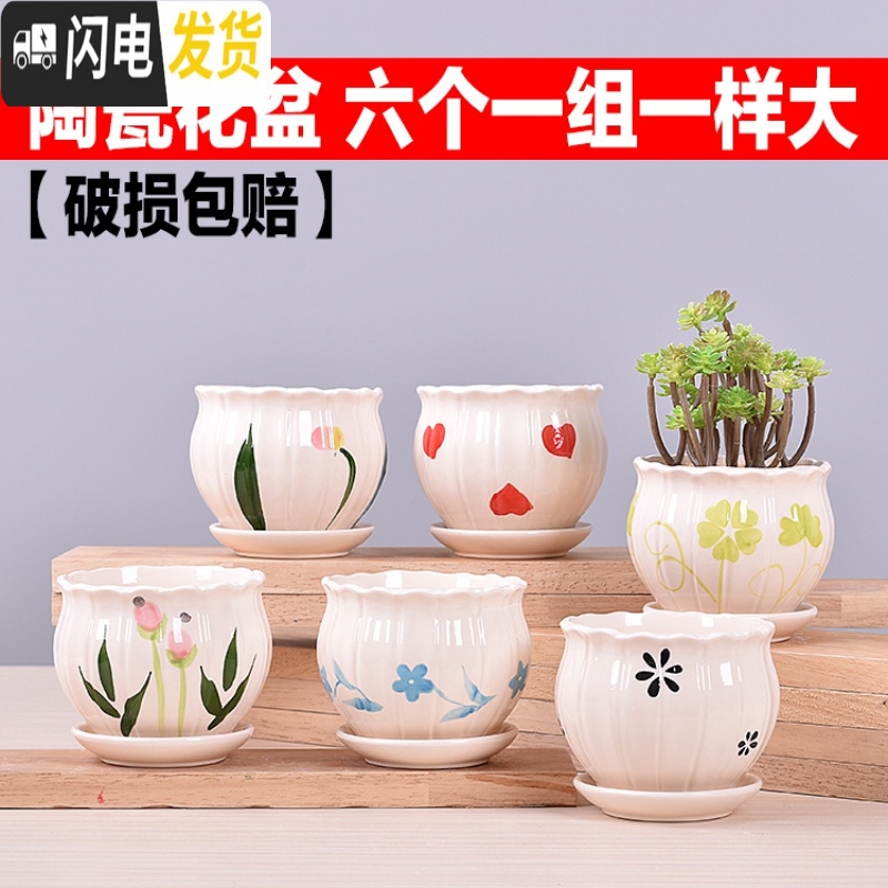 三维工匠六个一组多肉花盆陶瓷带托盘 肉肉植物盆栽花器 1835套装6个 中等花盆容器
