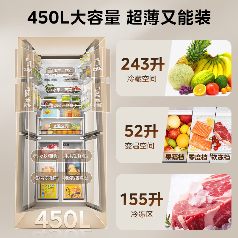 美的450L十字门冰箱60cm零嵌净味除菌小户型新MR-468WUSPZEA炭灰-月夜新国标真一级以旧换新高清大图