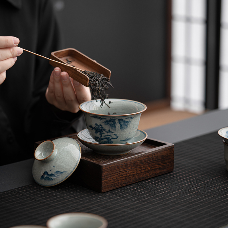 苏氏陶瓷(SUSHI CERAMICS)汝窑开片手绘山水泛舟三才盖碗茶壶礼盒茶具组