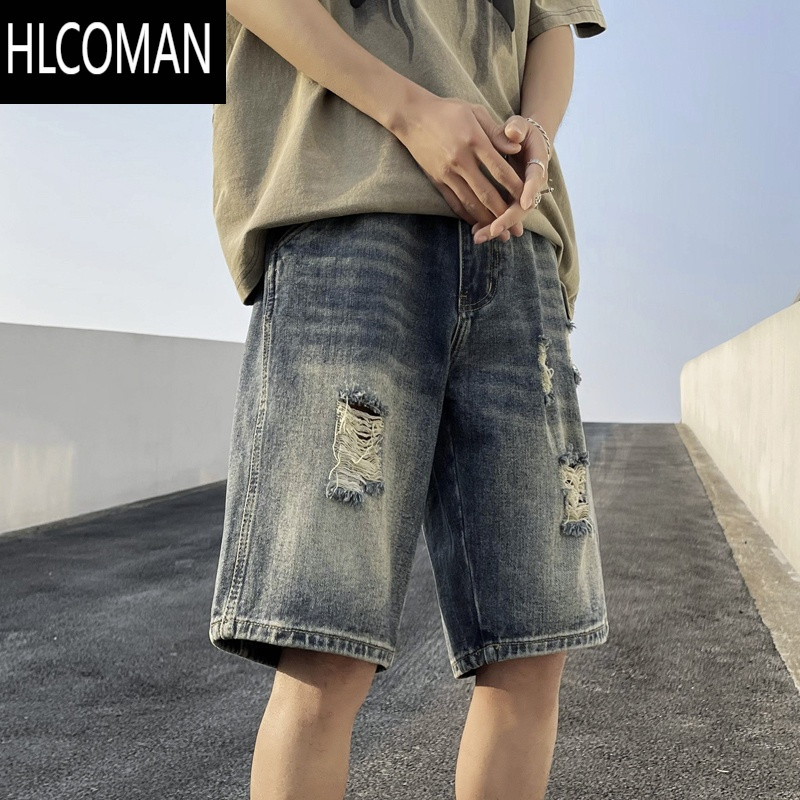 HLCOMAN美式休闲复古乞丐破洞牛仔短裤男宽松潮流痞帅五分裤夏季薄款中裤