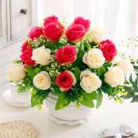 假花艺装饰绢花干花套装摆设摆设仿真花束假花套装 客厅饰品摆件|荷花盆幸运玫/紫色