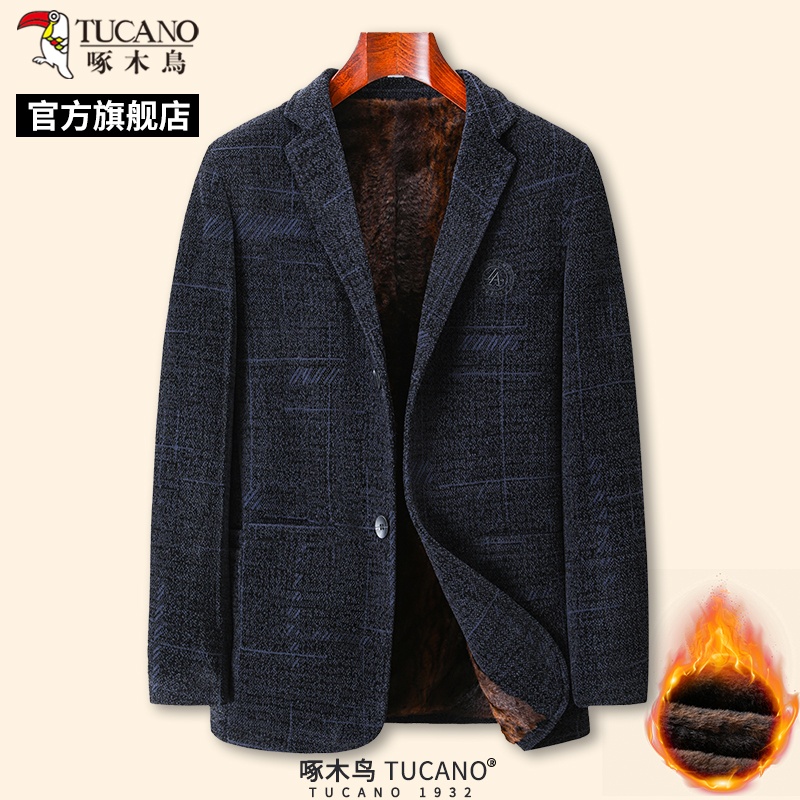 啄木鸟冬季男士加绒加厚呢子西服中年保暖爸爸装单西外套上衣年子高清大图