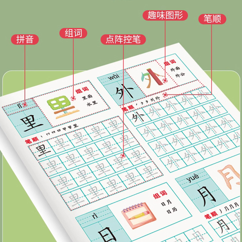 [推荐全套5阶]点阵控笔学前全600字 [正版]幼儿学前600字点阵控笔训练幼小衔接汉字描红练字帖幼儿园大班学前班一高清大图