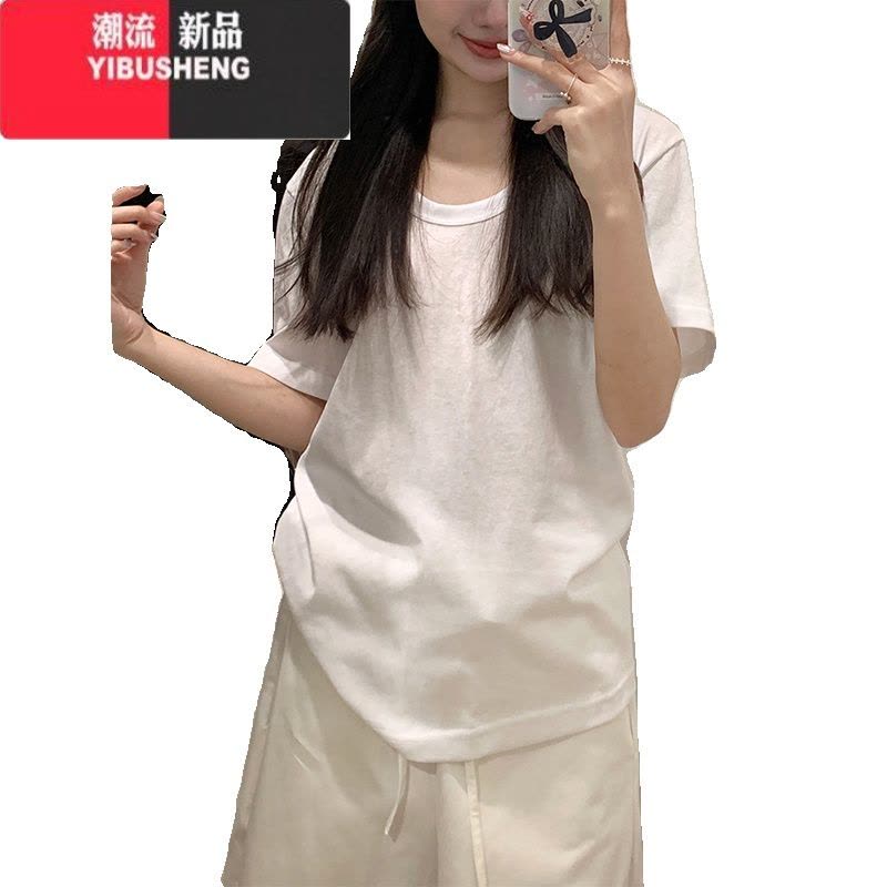 YIBUSHENG灰色低圆领正肩短袖女季新款韩版宽松显瘦百搭基础款T恤上衣潮图片