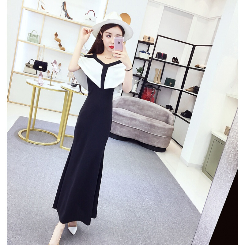 连衣裙女夏2018新款时尚修身收腰显瘦长裙仙复古露肩晚礼服带裙白拼黑