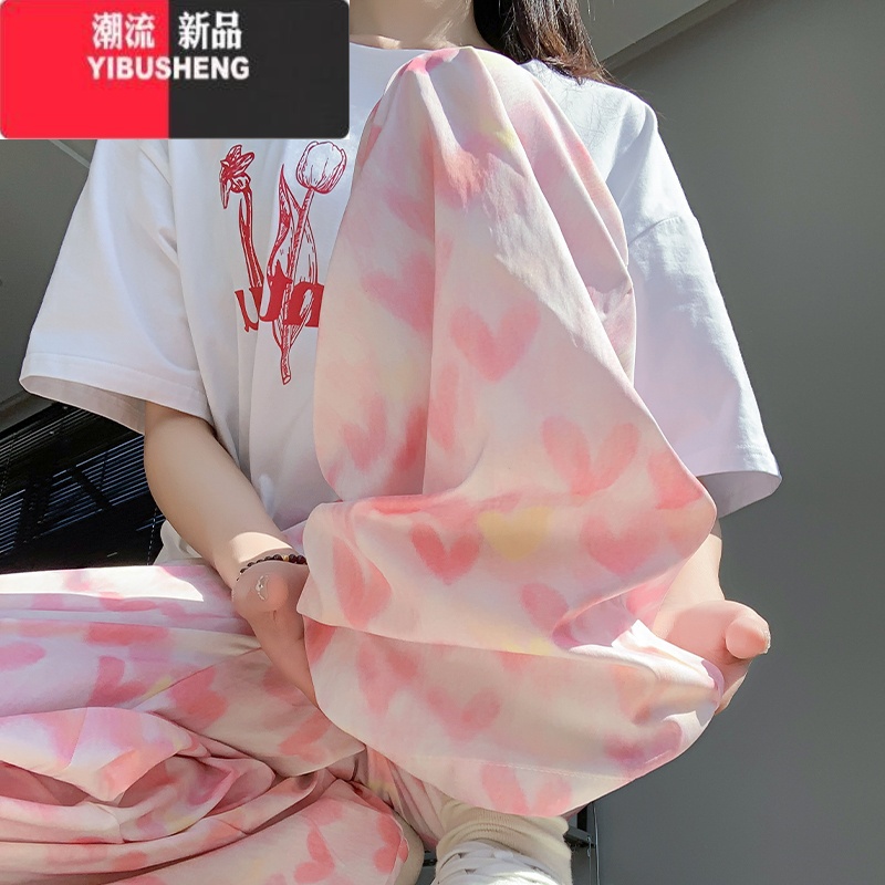 YIBUSHENG粉色爱心阔腿裤女高腰垂感季薄款2024新款休闲小个子冰丝山本裤高清大图