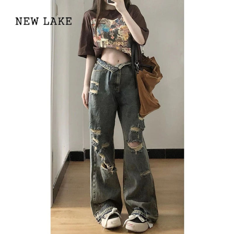 NEW LAKE美式vibe裤子高街ins国潮宽松阔腿欧美hiphop高腰破洞牛仔裤女夏