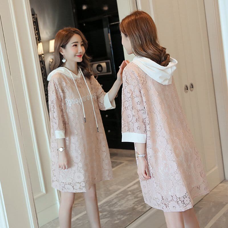 迪鲁奥（DILUAO)孕妇装2021春夏夏新款带帽绣花孕妇装蕾丝+吊带背心两件套装图片