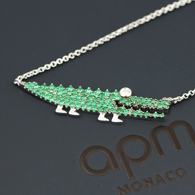 apmmonaco小鳄鱼造型925银项链镶晶钻锁骨女士时尚吊坠百搭毛衣链首饰