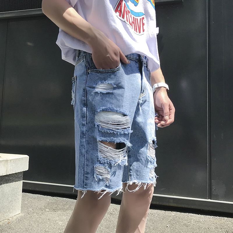 2018新款夏季破洞牛仔短裤男五分裤直筒百搭男士中裤青少年潮裤子
