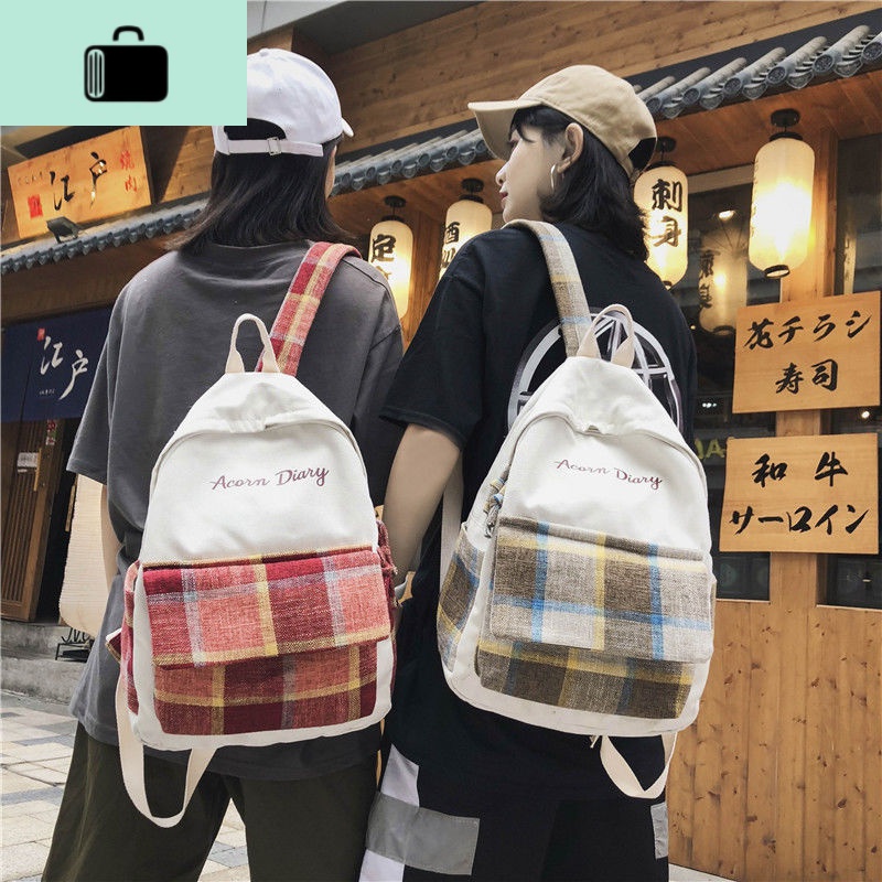 书包女学生韩版初中高中学生大容量格子双肩包古着感少女帆布背包NEW LAKE高清大图