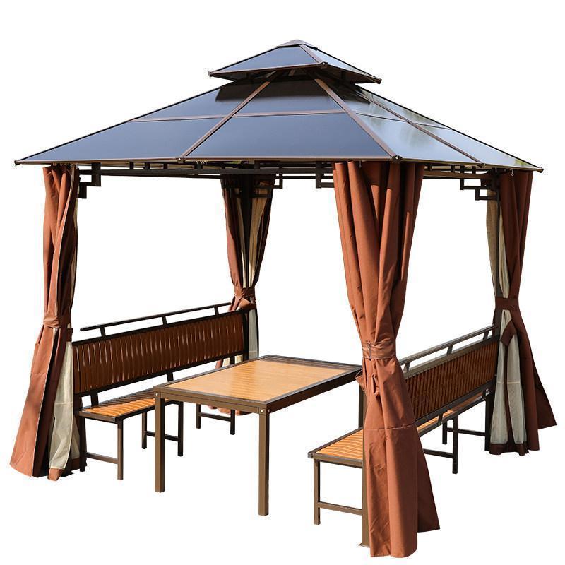 森美人防腐木户外凉亭小木屋别墅庭院花园农家乐简易亭子楼顶实木遮阳棚 两面座板+塑木桌【柚木色】【含双帘】