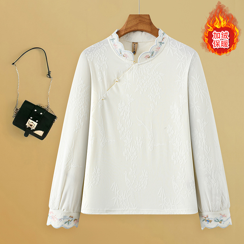 新中式打底衫国风刺绣长袖女秋冬加绒保暖T恤民族风盘扣提花上衣
