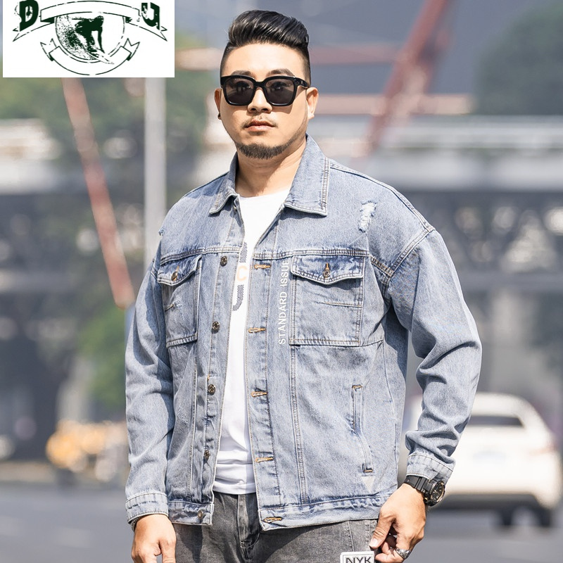 hlcoman春季胖人牛仔衣胖子破洞男外套潮宽松褂子刺绣工装夹克加肥