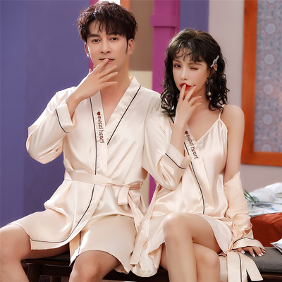 ideamini睡袍情侣长袖两件套性感吊带睡裙夏季冰丝套装家居服夫妻款两