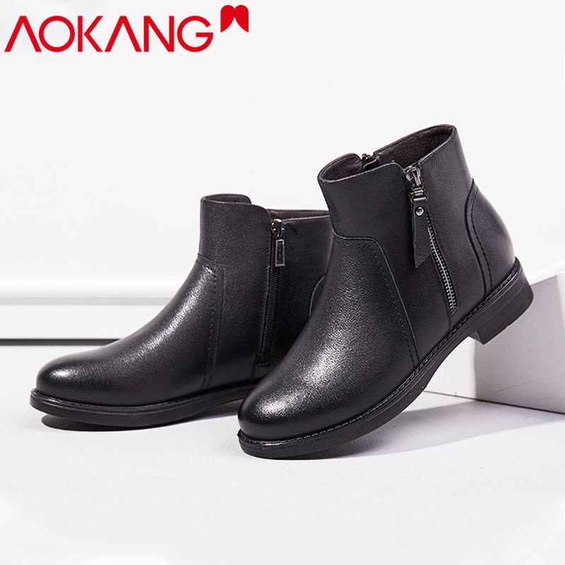 奥康女鞋冬季时尚保暖绒毛高帮裸靴英伦复古粗跟女士切尔西加绒短靴女妈妈鞋图片