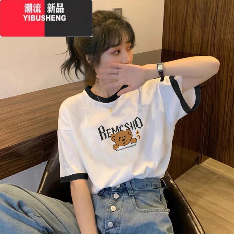 YIBUSHENG2024装新款短袖t恤女设计感小众宽松打底衫洋气拼接上衣S高清大图