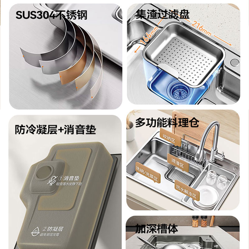 浪鲸(ssww)水槽大单槽洗菜盆一体式厨房水槽304不锈钢多功能加厚日式大单槽高清大图