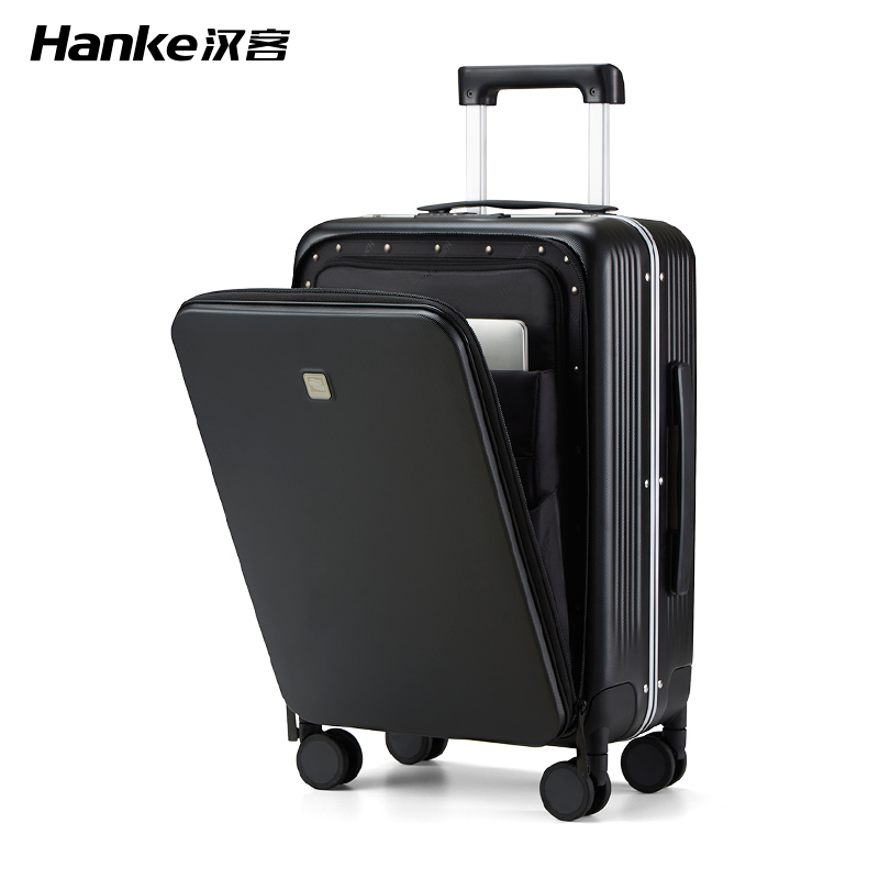 汉客前置侧开盖行李箱女20寸小型商务拉杆箱男18轻便登机旅行箱24 墨玉黑 20寸